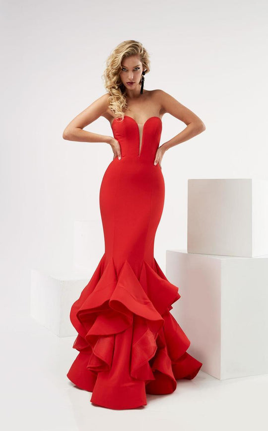 Jasz Couture - Sweetheart Plunging Ruffled Evening Gown 6115 in Red
