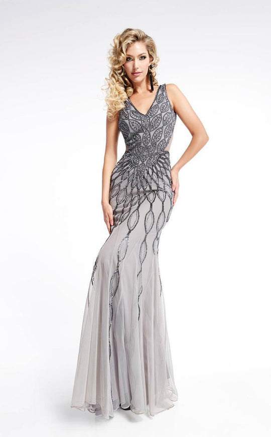 Lush by Jasz Couture - Peacock Motif Gown 1314 in Gray