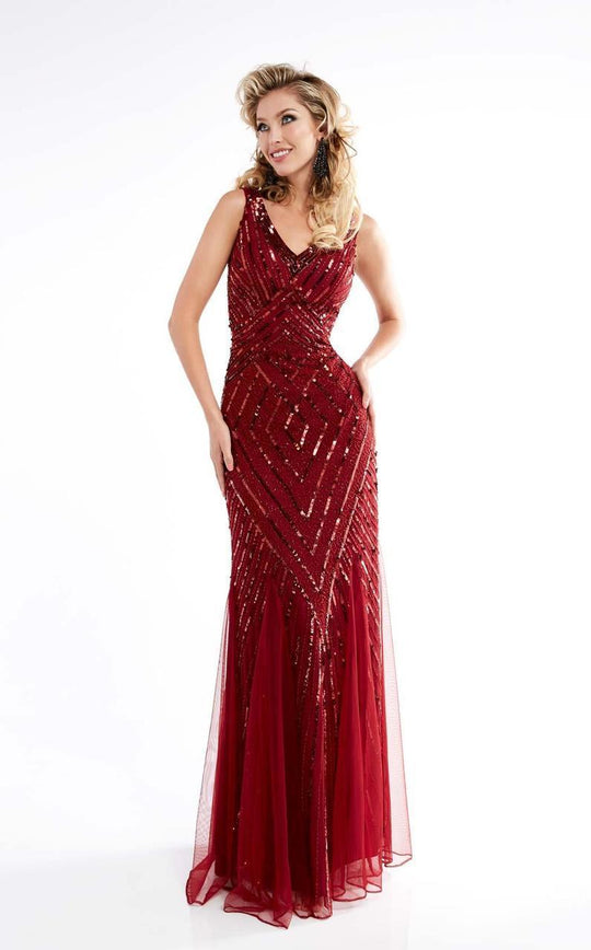 Lush by Jasz Couture - Sequined V-neck Sheath Dress 1319 in Red
