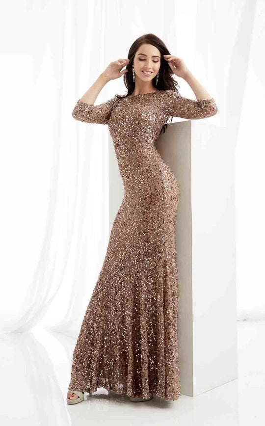 Lush by Jasz Couture - Sparkling Sequined Sleeved Elegant Gown 1363 in Brown
