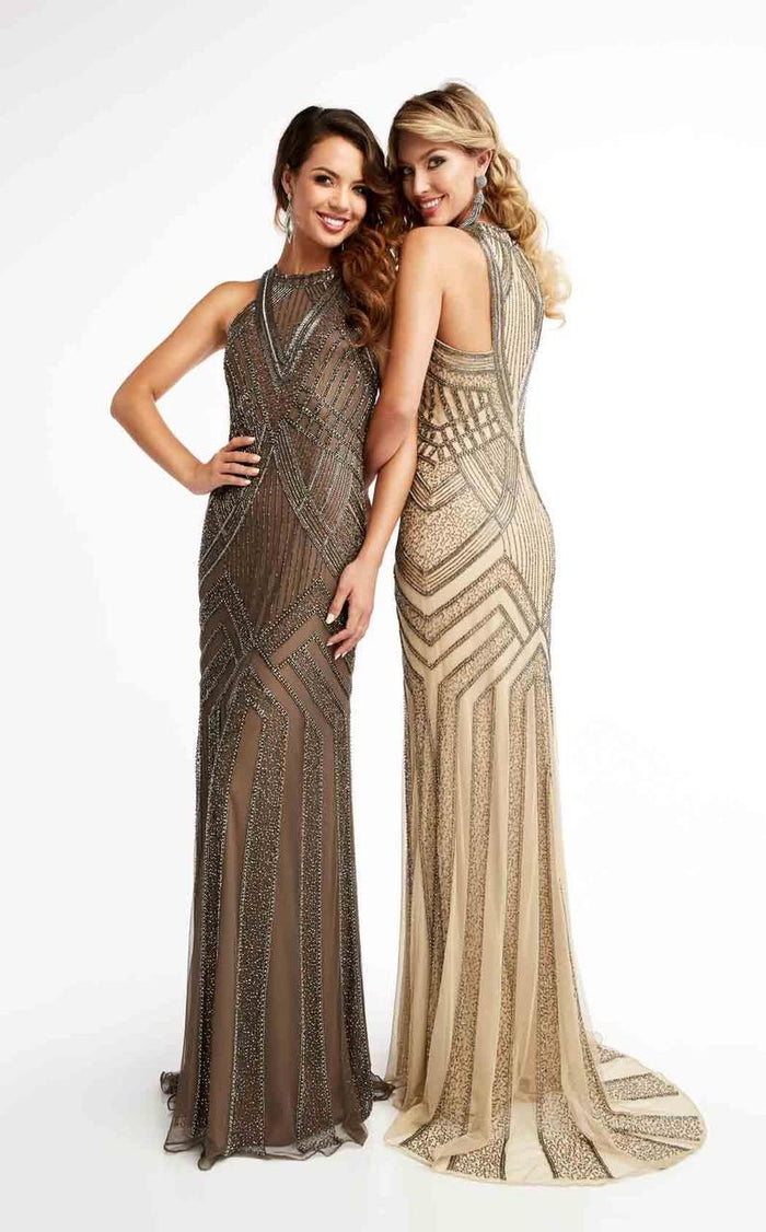 Lush by Jasz Couture - Beaded Halter Neck Sheath Dress 1365 in Neutral and Brown