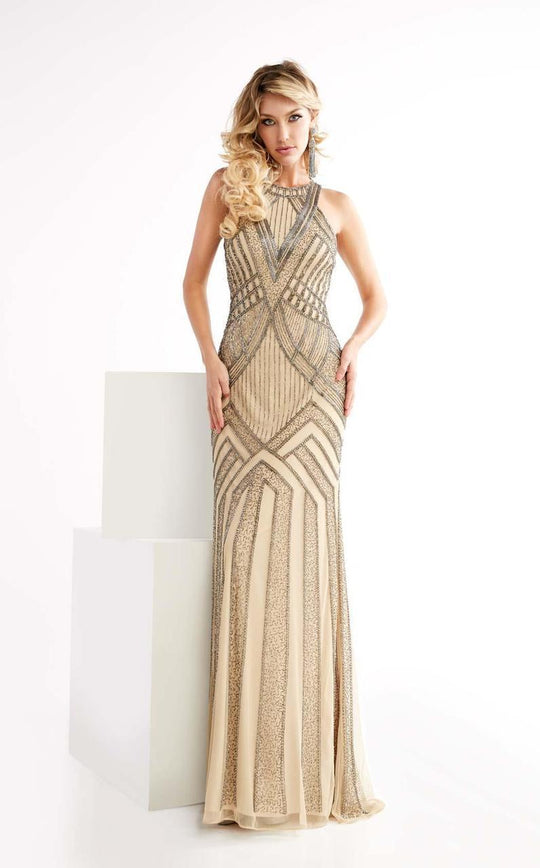 Lush by Jasz Couture - Beaded Halter Neck Sheath Dress 1365 in Neutral and Silver