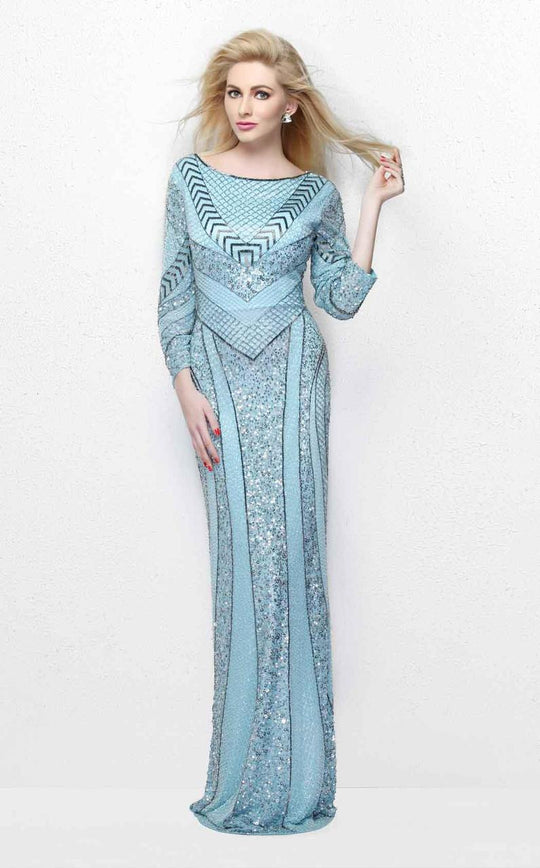 Primavera Couture - Quarter Length Sleeve Sequined Bateau Neck Sheath Dress 1683 in Blue