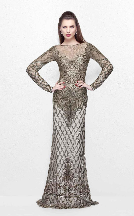 Primavera Couture - Imperial Long Sleeved Full Beaded Long Sheath Dress  1720 in Neutral and Gold