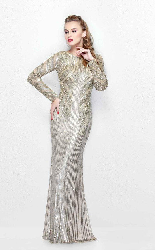 Primavera Couture - 1721 Long Sleeve Embellished Sheath Gown in Neutral