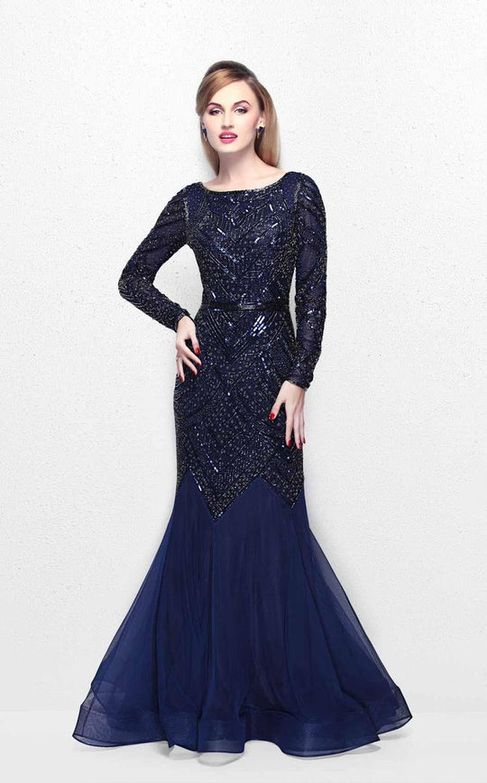 Primavera Couture - Stunning Beaded Long Sleeve Mermaid Gown 1725 in Blue