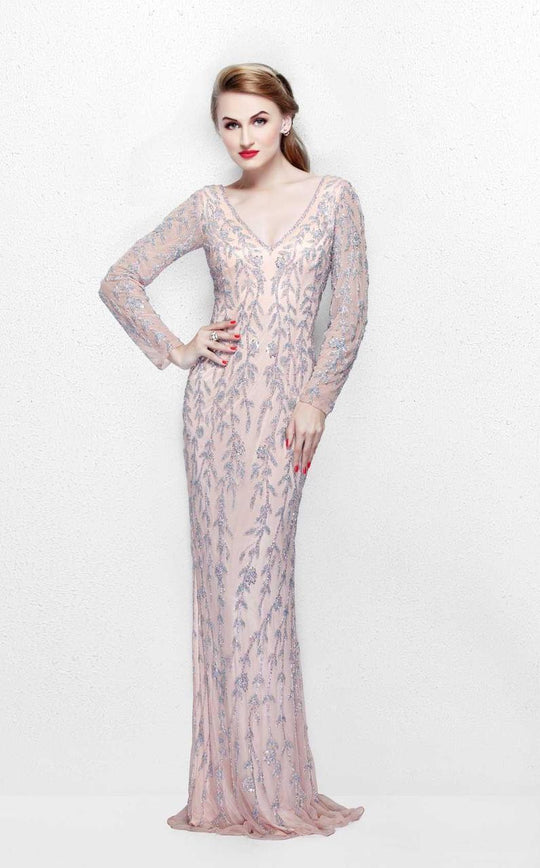 Primavera Couture - 1728 Foliage Ornamented Sheath Gown in Pink
