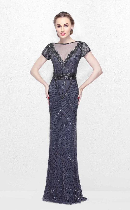 Primavera Couture - Romantic Embellished Bateau Illusion Sheath Gown 1741 in Gray