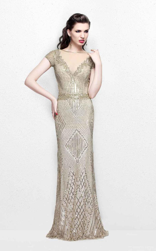 Primavera Couture Illusion Bateau Short Sleeve Beaded Gown - 1 pc Champagne In Size 22 Available In Neutral
