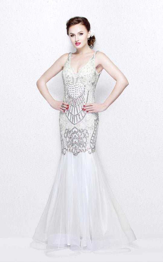 Primavera Couture - Charming Elaborate V-Neck Tulle Trumpet Gown 1748 in White