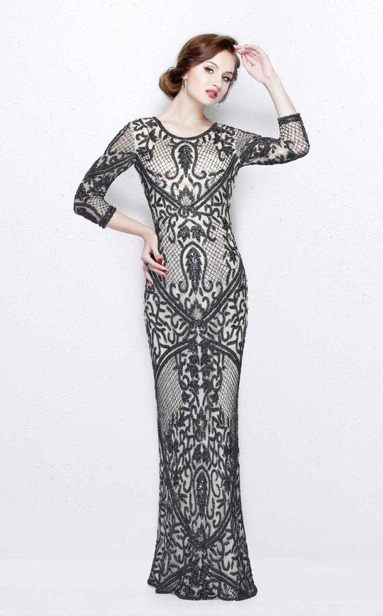 Primavera Couture - Florid Lattice Quarter Sleeve Bateau Sheath Gown 1759 in Neutral and Gray