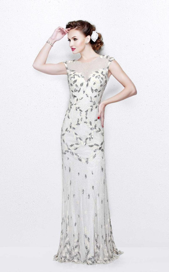 Primavera Couture - Exquisite Multi-Colored Leafy Patterned Long Dress 1812 in White