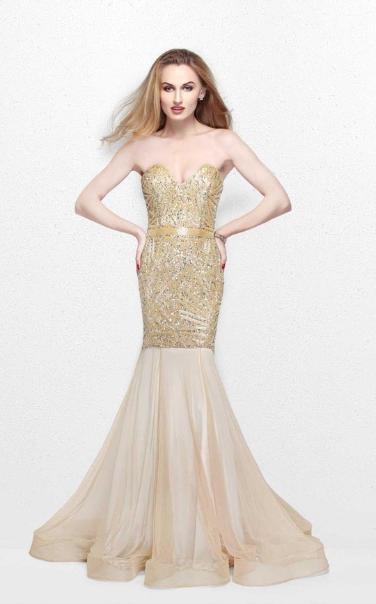Primavera Couture - Radiant Ornate Strapless Sweetheart Trumpet Gown 1825 in Neutral and Gold