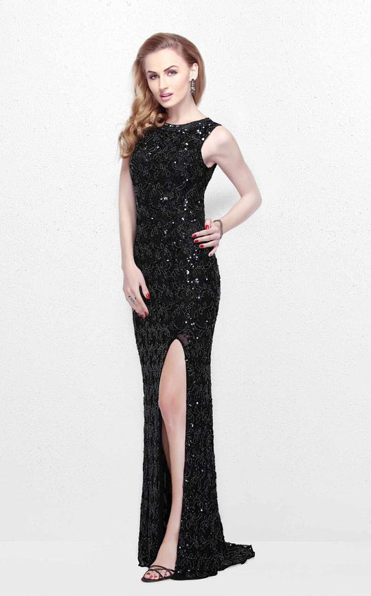 Primavera Couture - Sequined Sleeveless Long Dress with Slit 1886 in Black