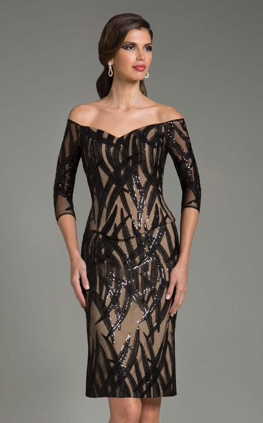 Feriani Couture - 18528S Abstract Printed Cocktail Dress In Black and Neutral