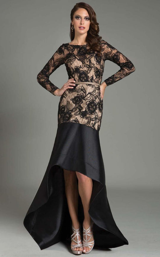 Feriani Couture - 18554 Laced Bateau Neck Trumpet Dress In Black and Neutral
