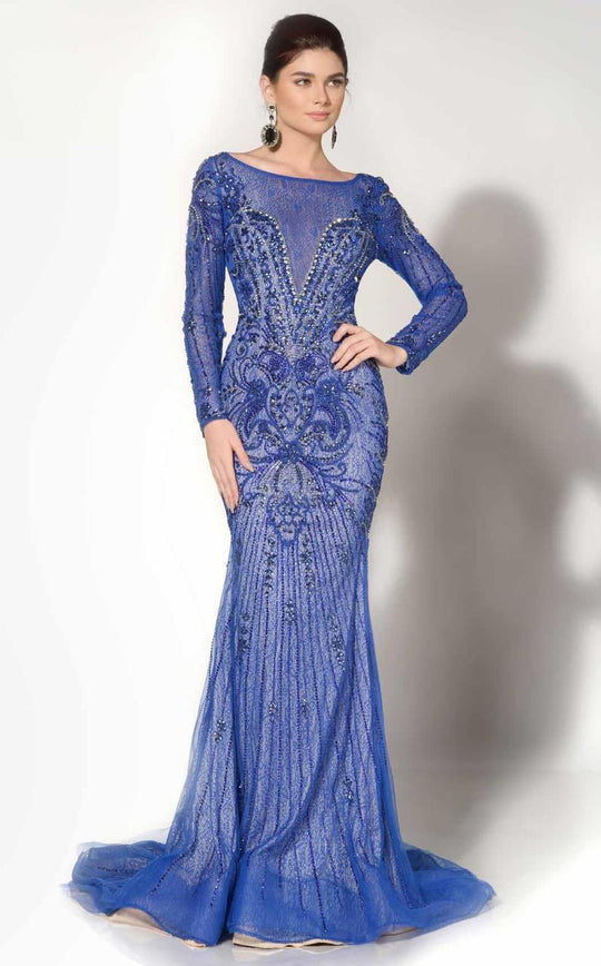 MNM Couture - Beaded Illusion Bateau Trumpet Dress 10593W in Blue