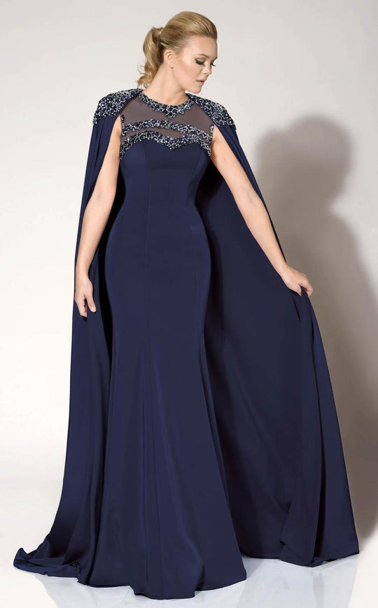 MNM Couture - Jeweled Trumpet Gown with Cape 10840W in Blue