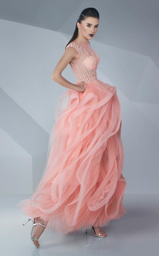 MNM Couture - Beaded Ruffled Tulle Long Gown G0598 in Pink