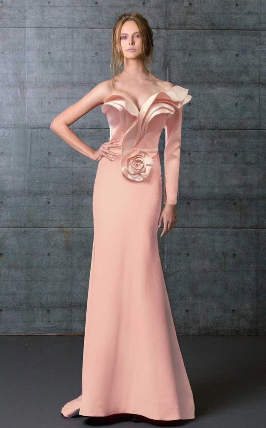MNM Couture - Single Long Sleeve Evening Gown  N0075 in Pink