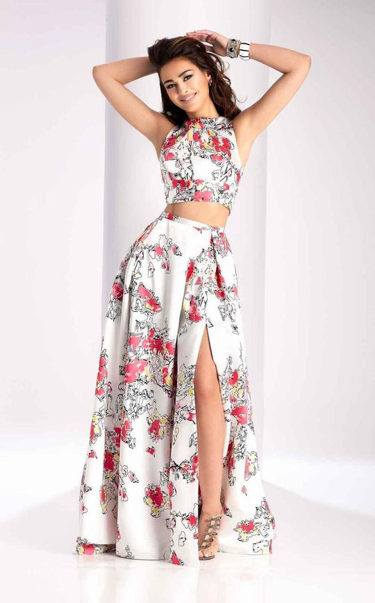 Clarisse - 3002 Two Piece Printed Mikado Dress in White and Print