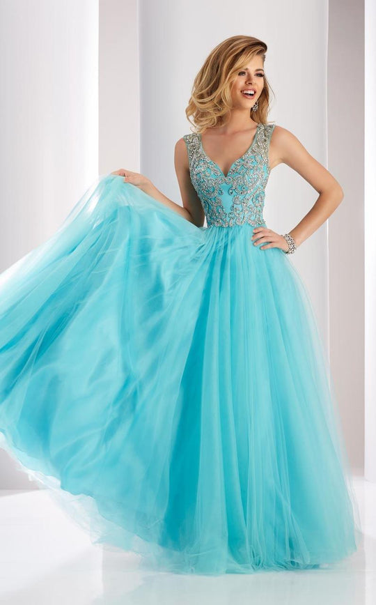 Clarisse - 3019 Bedazzled V-neck A-line Dress in Blue