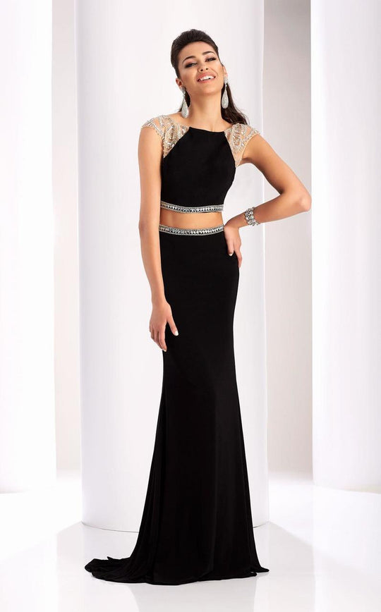 Clarisse - 3024 Bejeweled Bateau Sheath Dress in Black