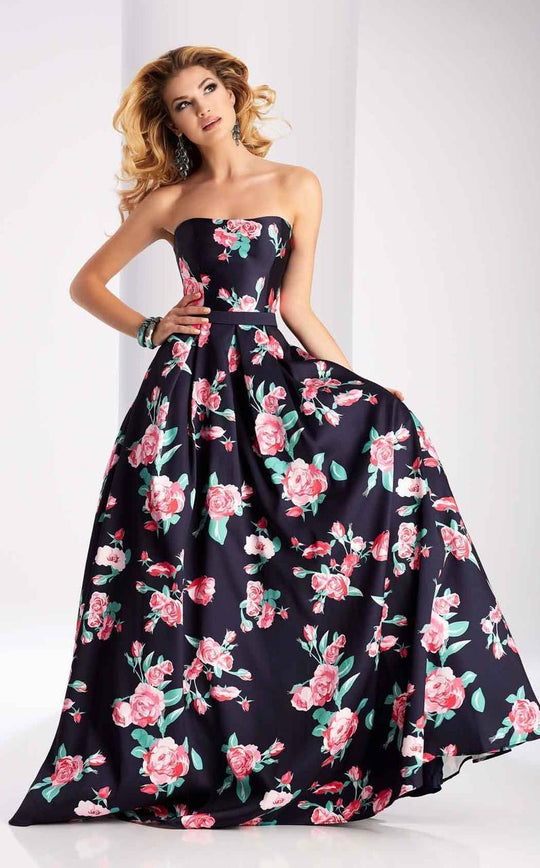 Clarisse - 3029 Strapless Floral Print Ballgown in Blue and Print
