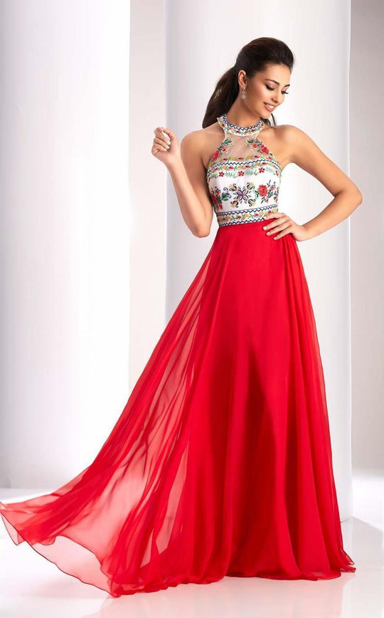 Clarisse - 3052 Embroidered Halter A-line Dress in Red and Multi-Color