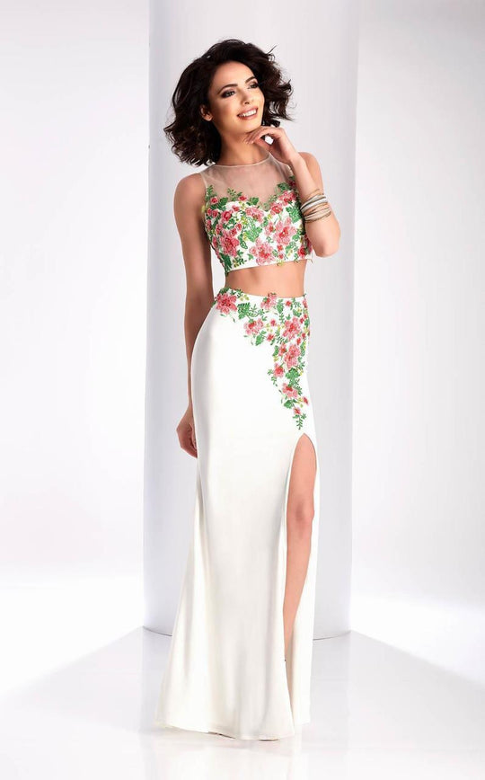 Clarisse - 3056 Floral Illusion Jewel Sheath Dress in White and Multi-Color