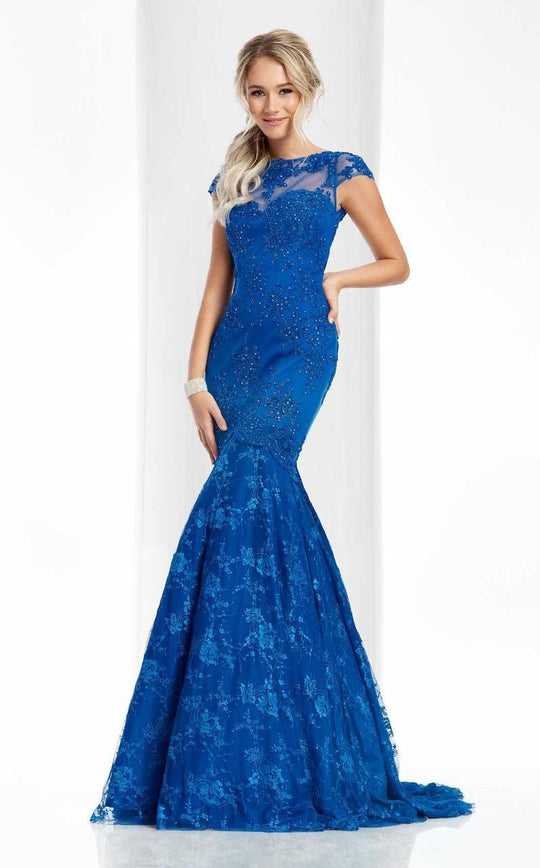 Clarisse - 3065 Sheer Cap Sleeves Applique Gown in Blue