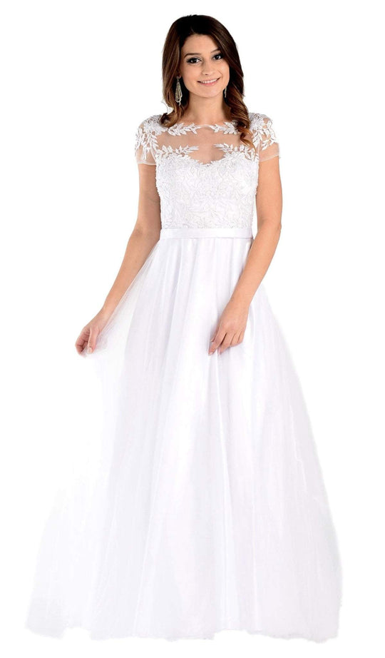 Poly USA - 7482 Embroidered Bateau Satin A-line Gown in White