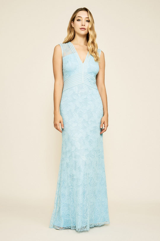 Tadashi Shoji - Laced V-Neck Waistband Column Dress In Blue and White