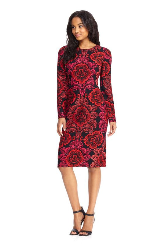 Maggy London - GSF03M Long Sleeve Floral Print Crepe Dress in Black and Red