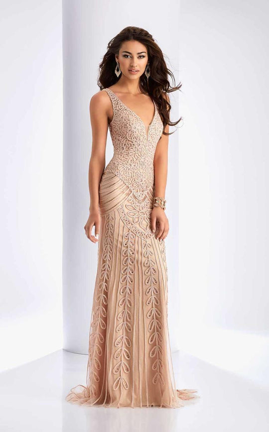 Clarisse - 3090 Crystal Embellished Sheath Gown in Neutral