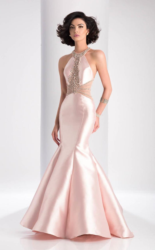 Clarisse - 3139 Embellished Halter Mermaid Gown in Pink