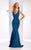 Clarisse - Deep V-neck Stretch Satin Sheath Gown 3153 in Teal