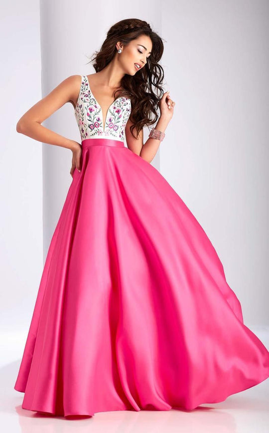 Clarisse - 3197 Embroidered Floral Plunging V Neck Gown in Pink and Multi-Color