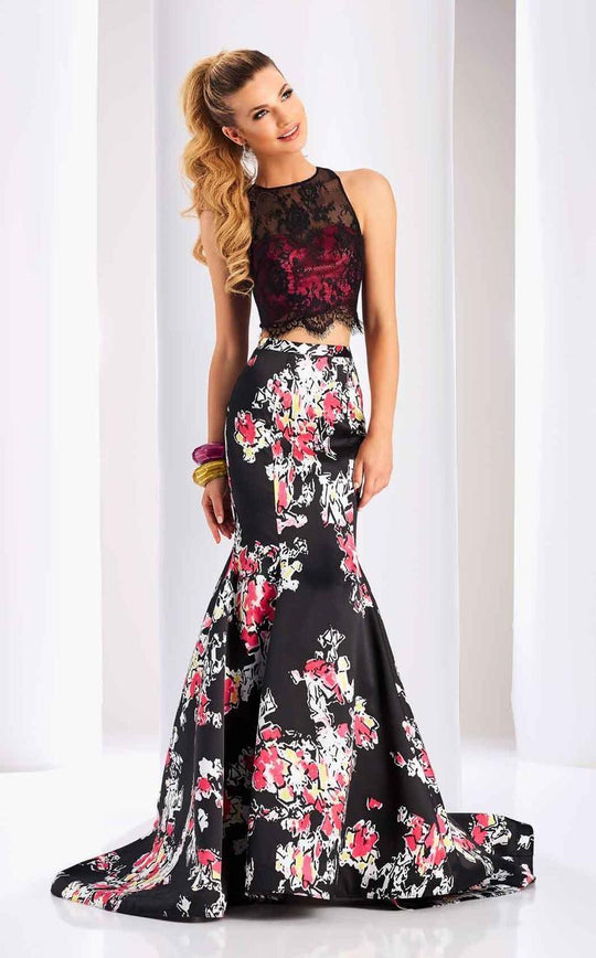 Clarisse - 3209 Two Piece Lace Floral Mermaid Gown in Black and Printed