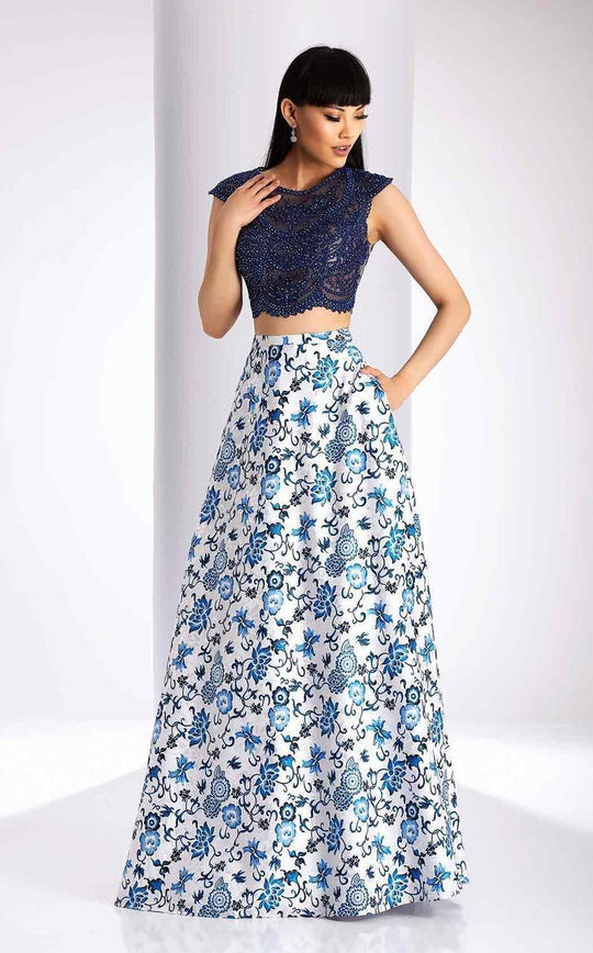 Clarisse - 3217 Two Piece Beaded Lace and Print Dress in Blue and Print