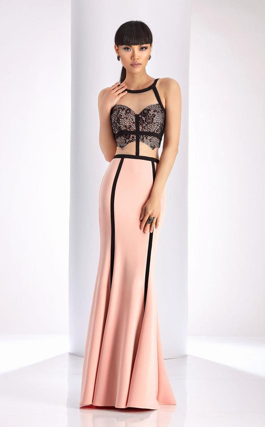 Clarisse - 4815 Halter Contrast Lace Evening Gown in Pink and Black