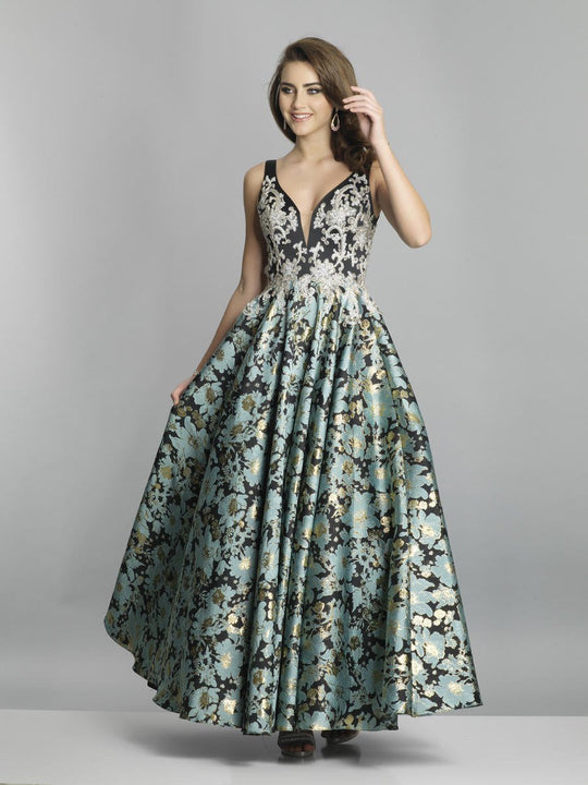 Dave & Johnny - A7506 Floral Sleeveless Deep V-Neck Ballgown In Black and Multi-Color
