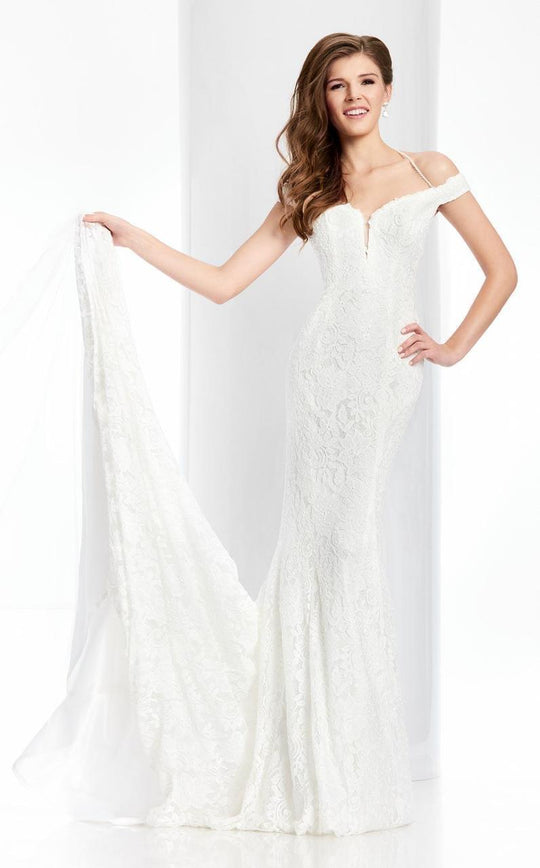 Clarisse - 4839 Off Shoulder Lace Mermaid Gown in White