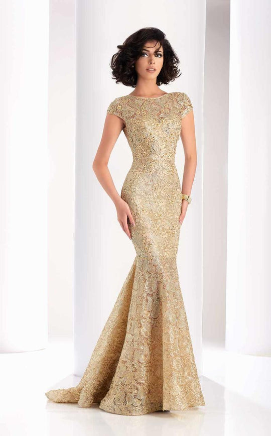 Clarisse - 4852 Cap Sleeve Lace Bateau Mermaid Dress in Gold
