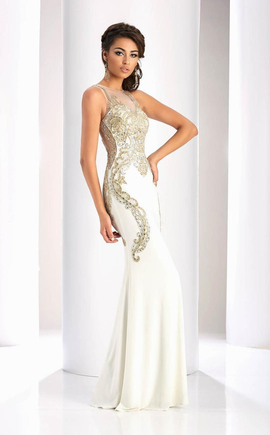 Clarisse - 4853 Gilded Glittering Illusion Evening Gown in White and Gold
