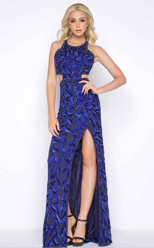 Cassandra Stone - 1069A High Neck Gown Style in Blue
