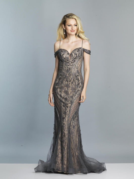 Dave & Johnny - A7509 Embellished Off-Shoulder Trumpet Dress In Gray and Silver