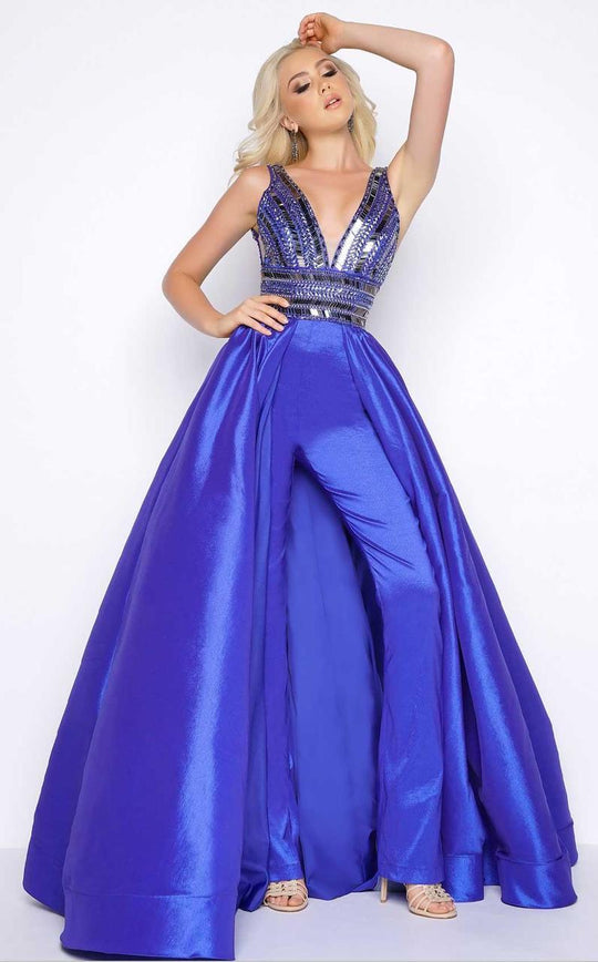 Cassandra Stone - 48463A V Neck Gown with Over Skirt in Blue