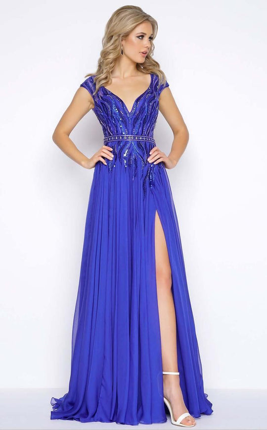 Cassandra Stone - 50390A Cap Sleeve Plunging V-Neck Gown in Blue