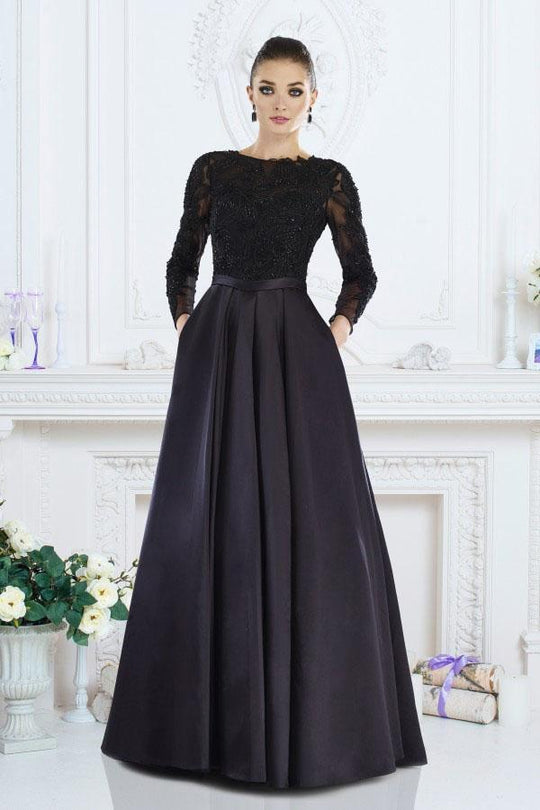 Janique 7516B Lace Embellished Long Sleeve Bateau Neck Long A-line Gown in Black